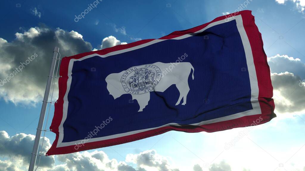 Wyoming flag on a flagpole waving in the wind, blue sky background. 3d rendering