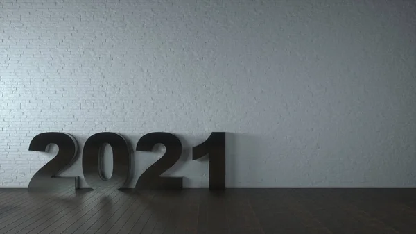 Bonne année concept. Numéros métalliques inscription 2021 dans une pièce classique grise vide. Rendu 3d — Photo