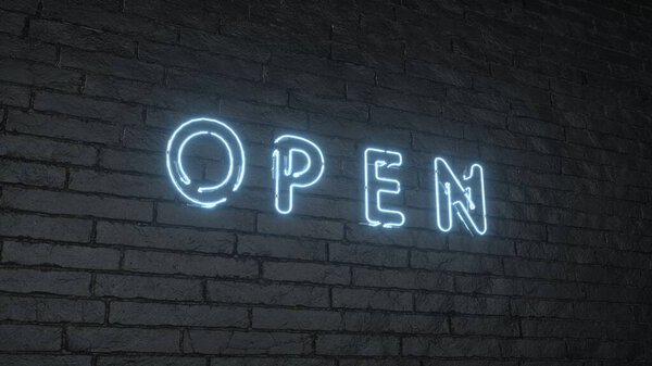 OPEN -Realistic Neon Sign on a Dark Brick Wall. Open for business. 3D illustration.