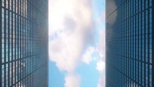 Airplane flies to the tops of the skyscrapers. Look up view at skyscrapers and flying plane — Stock Video
