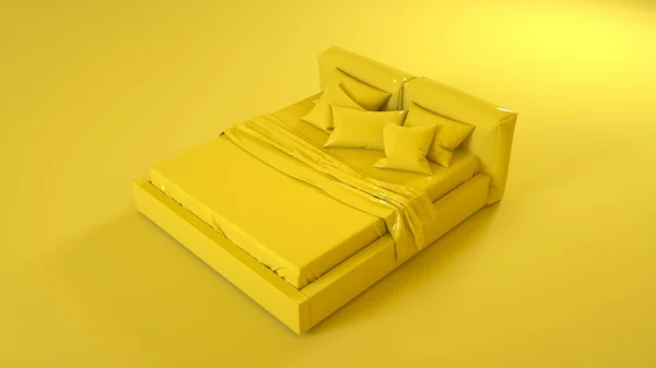 黄色的床在黄色的背景上隔离 3D说明 — 图库照片