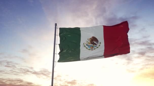 Bandera de México ondeando en el viento, fondo dramático del cielo. 4K — Vídeos de Stock