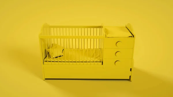 木制婴儿床 黄色背景隔离 3D渲染 — 图库照片