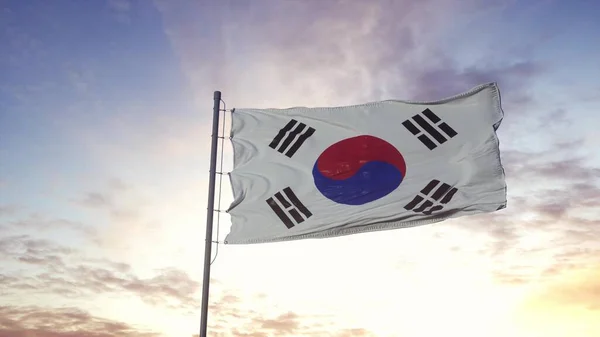 Σημαία Της Νότιας Κορέας Κυματίζει Στον Άνεμο Δραματικό Φόντο Του — Φωτογραφία Αρχείου