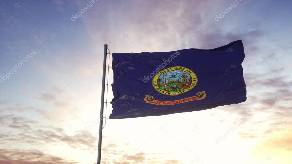 State flag of Idaho waving in the wind. Dramatic sky background. 3d illustration