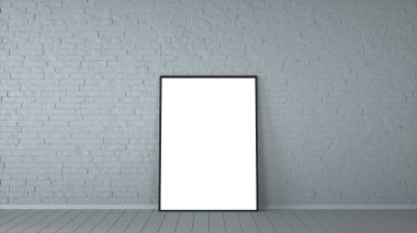 Eski tuğla duvar ve ahşap zemin odasında Beyaz Boş Poster. İçeriğiniz için şablon oluşturun. Ürün gösterimi, reklam ve tanıtım amaçlı. 3d oluşturma