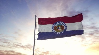 Missouri eyalet bayrağı rüzgarda sallanıyor. Dramatik gökyüzü arkaplanı. 3d illüstrasyon