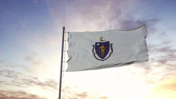 stock image State flag of Massachusetts waving in the wind. Dramatic sky background. 3d illustration