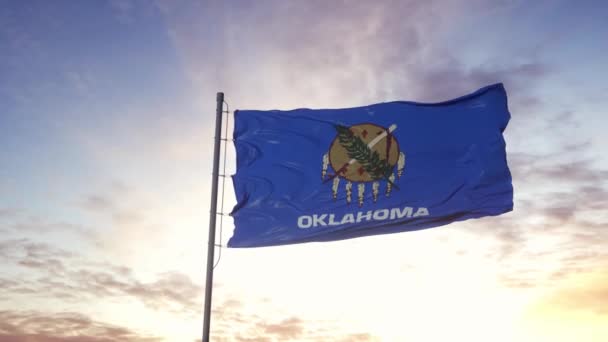 Bandeira estadual de Oklahoma acenando ao vento. Fundo dramático do céu. 4K — Vídeo de Stock