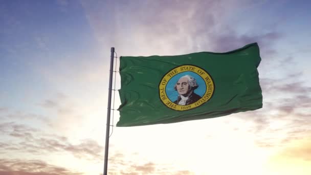 Die Flagge des Bundesstaates Washington weht im Wind. Dramatischer Himmelshintergrund. 4K — Stockvideo