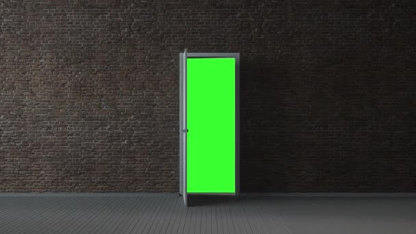 Klasický design otevírání dveří na zelenou obrazovku. Kamera se pohybuje dveřmi — Stock video