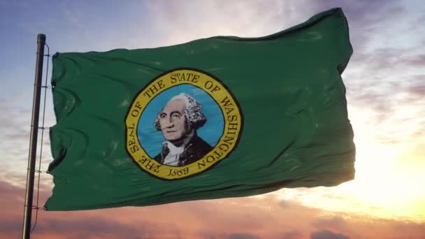 해질 때깊은 아름다운 하늘을 향해 바람에 흔들 리는 워싱턴의 깃발 — 비디오