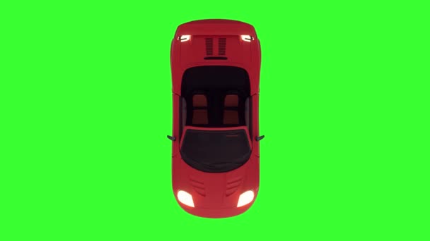 Зацикленная анимация красного кабриолета спортивного автомобиля на зеленом фоне. Вид сверху — стоковое видео