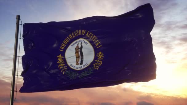 Флаг Кентукки, размахивающий на ветру против глубокого красивого неба на закате — стоковое видео