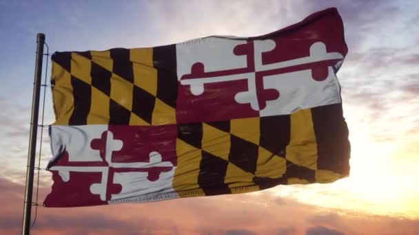 Bandera de Maryland ondeando en el viento contra el cielo profundo y hermoso al atardecer — Vídeo de stock