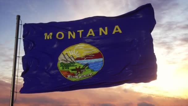 Drapeau du Montana agitant dans le vent contre un beau ciel profond au coucher du soleil — Video