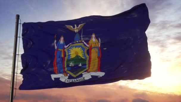 Flag of New York waving in the wind against deep beautiful sky at sunset — Stock Video