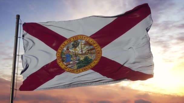 Flagga av Florida viftar i vinden mot djup vacker himmel vid solnedgången — Stockvideo