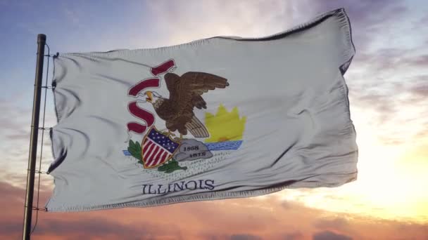 Vlag van Illinois zwaaiend in de wind tegen diepe mooie hemel bij zonsondergang — Stockvideo