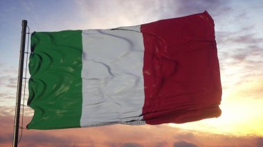 İtalya bayrağı, güzel gökyüzüne karşı rüzgarda sallanıyor. 3d illüstrasyon.
