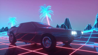 Geçmişe dönük 80 'lerin tarzı bilim kurgu araba geçmişi. 3d illüstrasyon.
