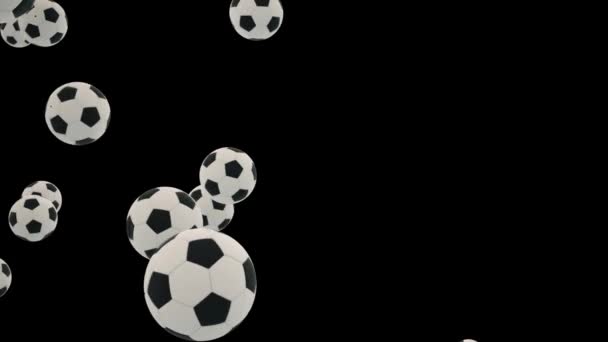 Siyah zemin üzerinde düşen futbol toplarının soldan sağa hareket edişinin canlandırması — Stok video