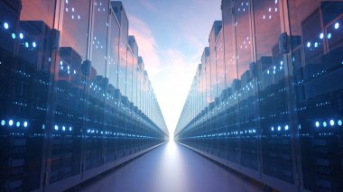 Ağ sunucularının sıraları bulutlu mavi gökyüzüne karşı. Bulut hesaplama ve bilgisayar ağı konsepti. 3d illüstrasyon