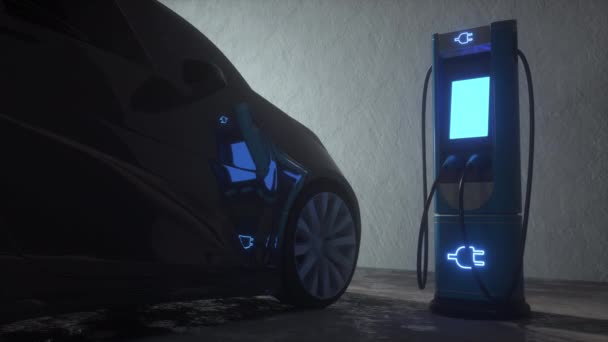 Carro eléctrico na garagem. Estação de carregamento para carros elétricos — Vídeo de Stock