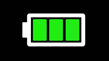 Siyah arkaplanda pil simgesi animasyonu. Alkali pil şarj göstergesi simgesi, seviye pil enerjisi