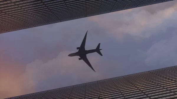Airplane flying over the top big city skyscraper office buildings. 3d rendering