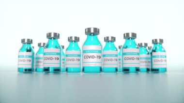 Ampullerde Coronavirus aşısı. Laboratuvar masasının mavi arka planına yakın plan. 3d oluşturma