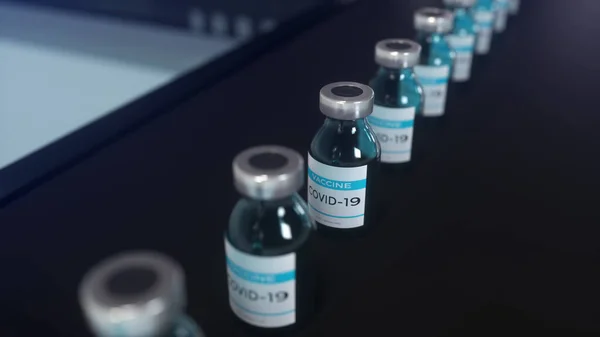 Certified vaccine against virus covid-19 on the production line. 3d rendering.