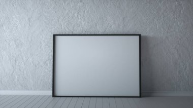 Gri taştan bir duvarda yatay boş ilan tahtası, beyaz oda 3D görüntüsü.