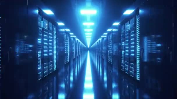 Data center con server infiniti. Server di rete e informazioni dietro pannelli di vetro. Archiviazione dati cloud computing. Animazione loop 4K di alta qualità — Video Stock