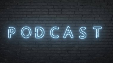 Podcast neon ışığı. Siyah tuğlalı arka planda parlayan podcast amblemi. 3d illüstrasyon