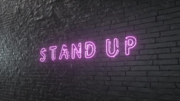 Berdiri tanda neon. Lambang berdiri bercahaya pada latar belakang dinding bata hitam — Stok Video