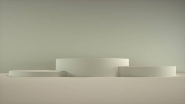 Farklı yüksekliklerde bej rengi kaplamalı üç bej silindir podyum. Reklam ve ürün tanıtımı için lüks bir vitrin. 3d illüstrasyon