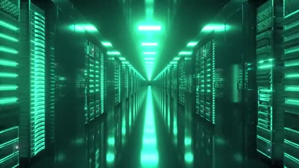 Data center con server infiniti. Server di rete e informazioni dietro pannelli di vetro. Animazione loop 4K di alta qualità — Video Stock