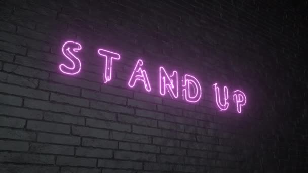 Steh auf, Leuchtreklame. Glühendes Stand Up-Emblem auf schwarzem Backstein-Hintergrund — Stockvideo
