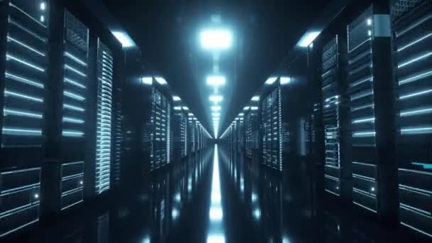 Network and data servers behind glass panels in a server room. Forward Dolly Shot, 4K — Stock Video