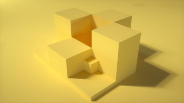 Boş, malların sarı arka planda sergilenmesi anlamına geliyor. Podyumlu asgari arkaplan. 3d illüstrasyon