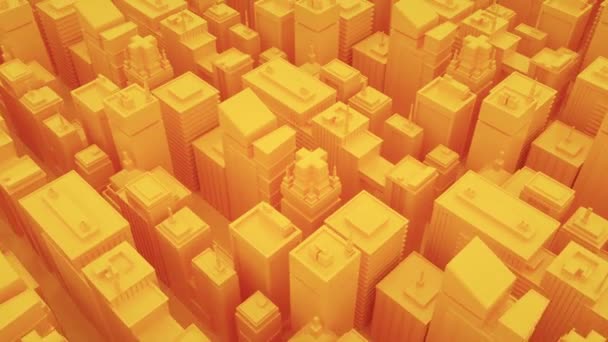 고층 건물 이 있는 미래의 노란 도시. 카메라는 추상적 인 기하학적 도시를 통과 합니다. 바다없는 고리 배경 , 4K — 비디오