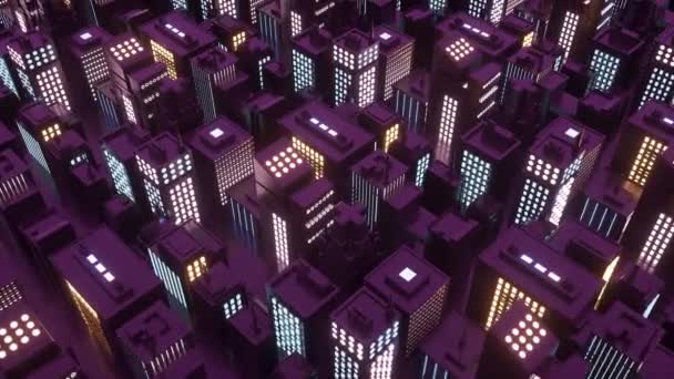 Lazo sin fisuras de la ciudad isométrica cyberpunk con rascacielos. VJ synthwave bucle de fondo 3D — Vídeo de stock