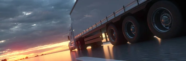 Semi vrachtwagen in beweging. Vrachtwagen wielen close-up op asfalt weg snelweg. Trucking Business Concept. 3d destructie — Stockfoto