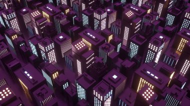 Gökdelenleri olan 3D izometrik siber punk şehri