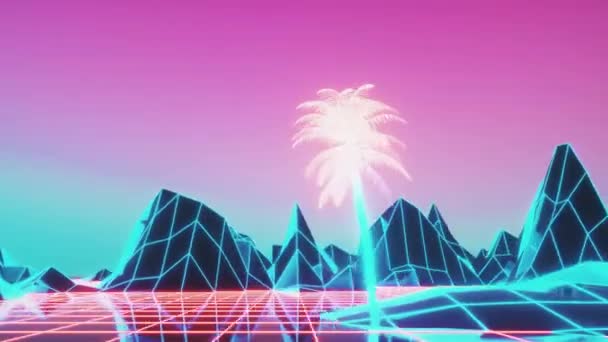 Retro 80s stijl synthwave zonsopgang met palmbomen in perfecte lus — Stockvideo