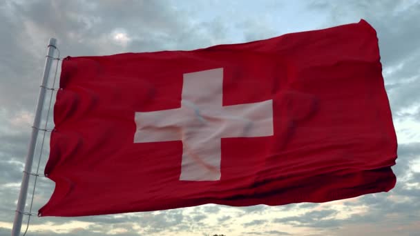 Schweizisk flagga vinkar i vinden. Schweiz flagga. Tecken på schweizisk sömlös loop animation. 4K — Stockvideo