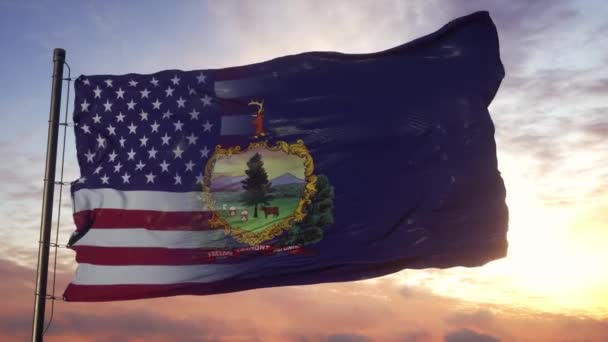 佛蒙特州和美国国旗在旗杆上。美国和佛蒙特州的混合国旗在风中飘扬 — 图库视频影像