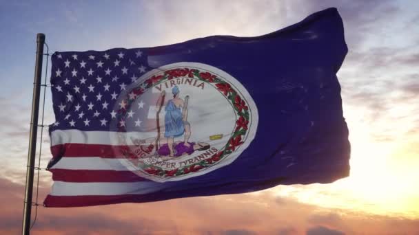 Bandera de Virginia y Estados Unidos en asta de bandera. Estados Unidos y Virginia Bandera Mixta ondeando en el viento — Vídeo de stock