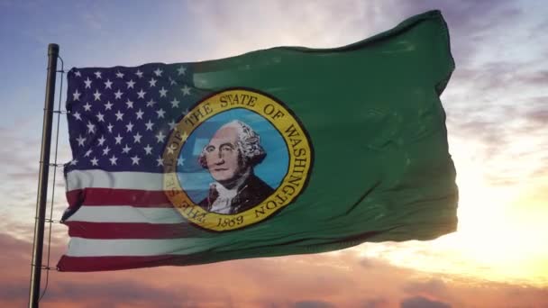 Bandera de Washington y Estados Unidos en asta de bandera. Estados Unidos y Washington Bandera Mixta ondeando en el viento — Vídeo de stock